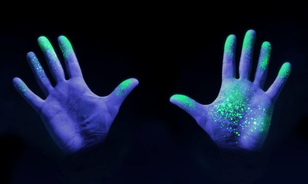 Hands covered in fluorescent powder glowing under ultraviolet light, displaying a mesmerizing spectrum of blue and green colors.