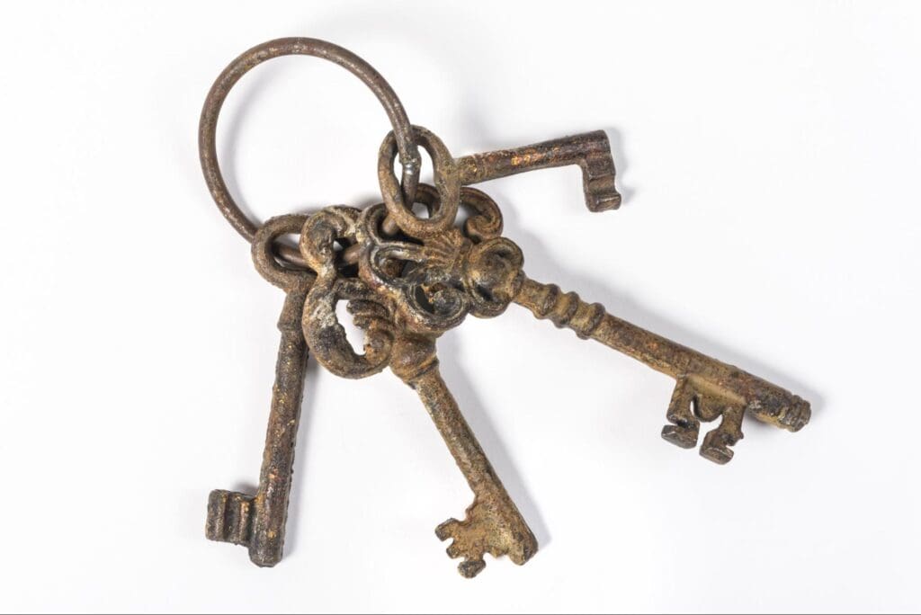 A bunch of vintage, rusty keys with intricate designs, tethered together on a ring, set against a plain white background.