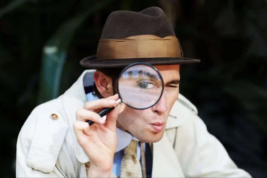 Man dressed as a detective, closely examining something through a magnifying glass, representing investigation and attention to detail.