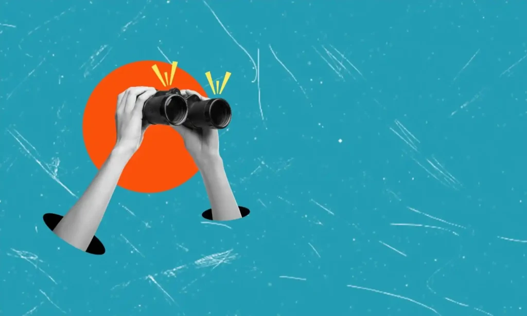 Hands holding binoculars emerging from holes against a blue background with an orange circle, symbolising observation and discovery.