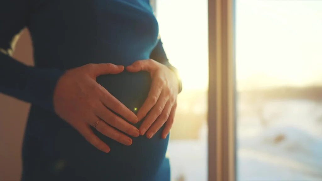 Close-up of a pregnant woman holding her belly, standing by a window with sunlight streaming in, symbolising comfort and care.