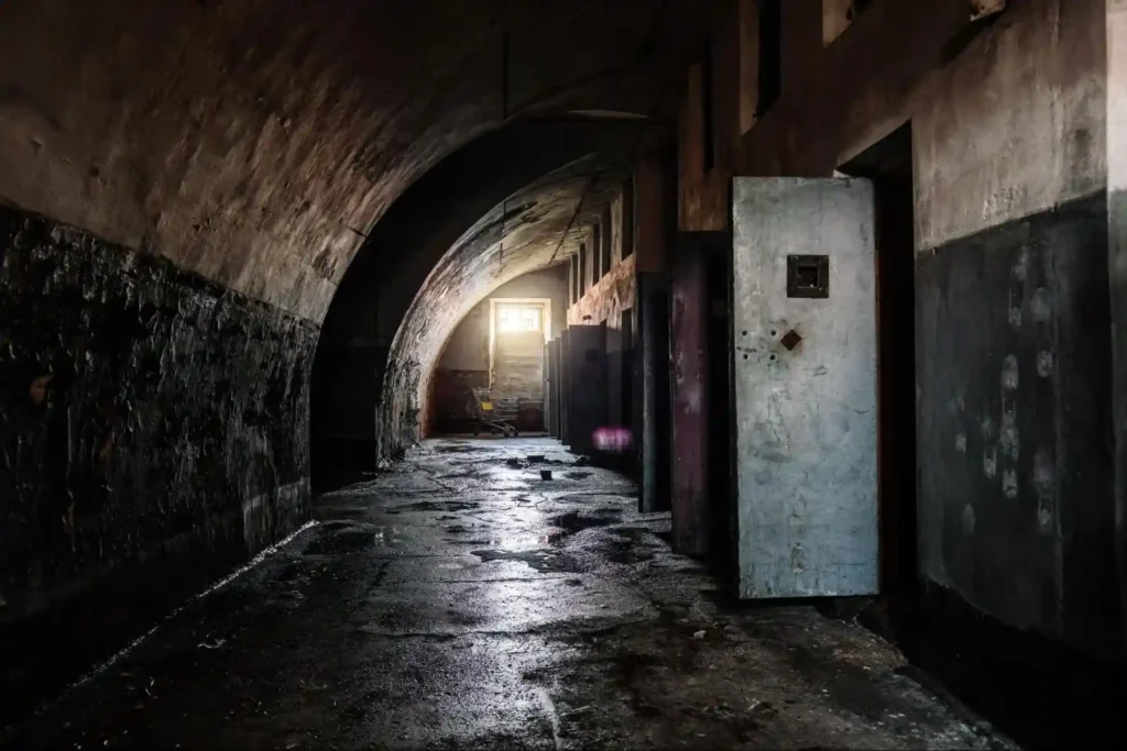 Old, abandoned prison corridor with broken doors and dim lighting.