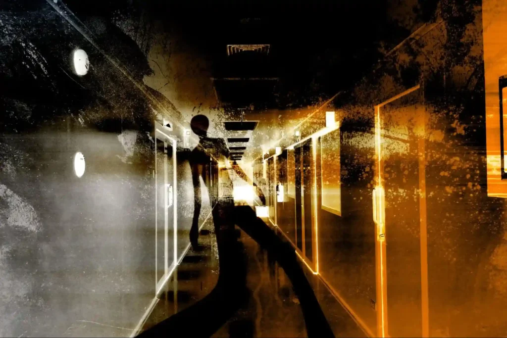 Dark, eerie hallway with a shadowy figure lurking in the distance.