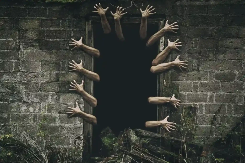 Creepy hands reaching out from a dark doorway in an old brick wall.