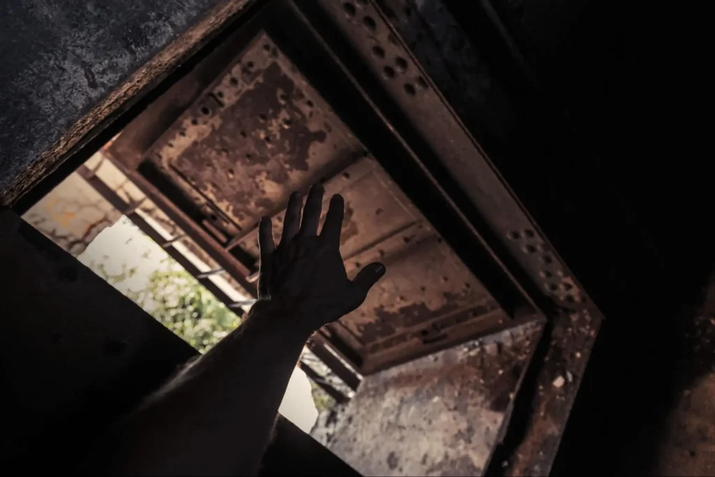 A hand reaching towards an open rusty metal hatch, leading to the outside from a dark enclosed space.