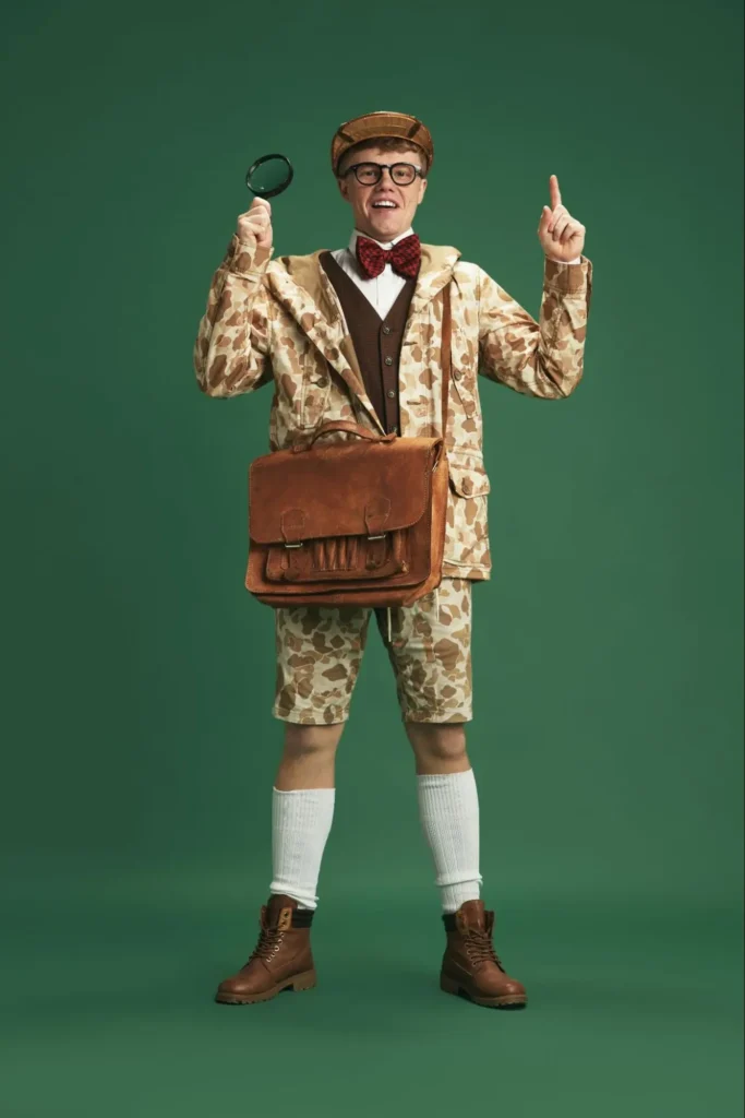 Man in a patterned safari-style outfit with a bow tie and satchel, holding a magnifying glass and pointing upward against a green background.