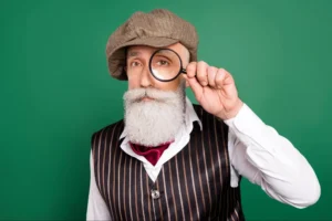 Older man with a white beard wearing a newsboy cap and striped vest, holding a magnifying glass in front of his eye against a green background.