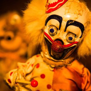 scary clown doll at Kellar's Magic Emporium